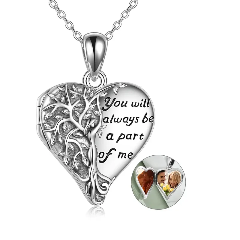 Sterling Silver Tree Of Life & Personalized Photo Locket Necklace with Engraved Word