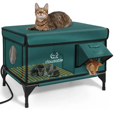 Clawsable Indestructible Heated Cat House for Outdoor Winter, 100% Waterproof, Safe Escape Door, Fully Insulated Outdoor Cat ...
