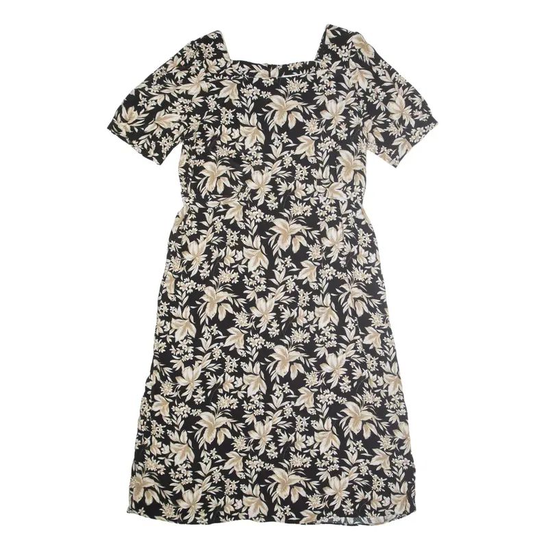 BY J Tea Dress Black Floral Short Sleeve Midi Womens UK 12