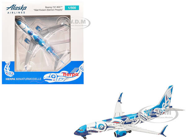 Boeing 737-800 Commercial Aircraft Alaska Airlines - Salmon People Livery (N559AS) Blue and White 1/500 Diecast Model Airpl...
