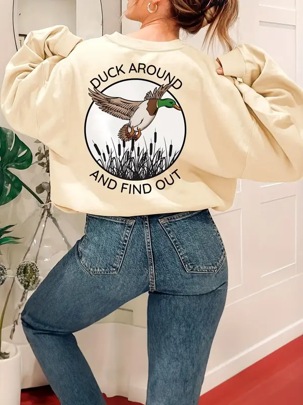 Women's Cartoon Duck Graphic Print Crew Neck Sweatshirt, Fall Clothes, Casual Fashion Drop Shoulder Long Sleeve Pullover for...