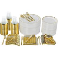 600 Pc Disposable Dinnerware Set for 100 Guests - Gold - Reusable Party Supplies Set incl. 100 of Dinner Plates, Salad Plates...