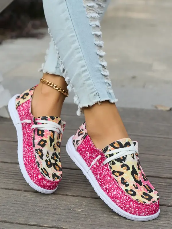 Women's Fashion Glitter Leopard Lace Up Sports Shoes, Casual Comfortable Round Toe Sneakers, All-match Commuter Athletic Runn...