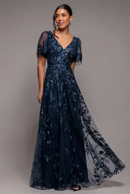 Goddiva Flared Sleeve Embroidered Maxi Dress - Navy Blue