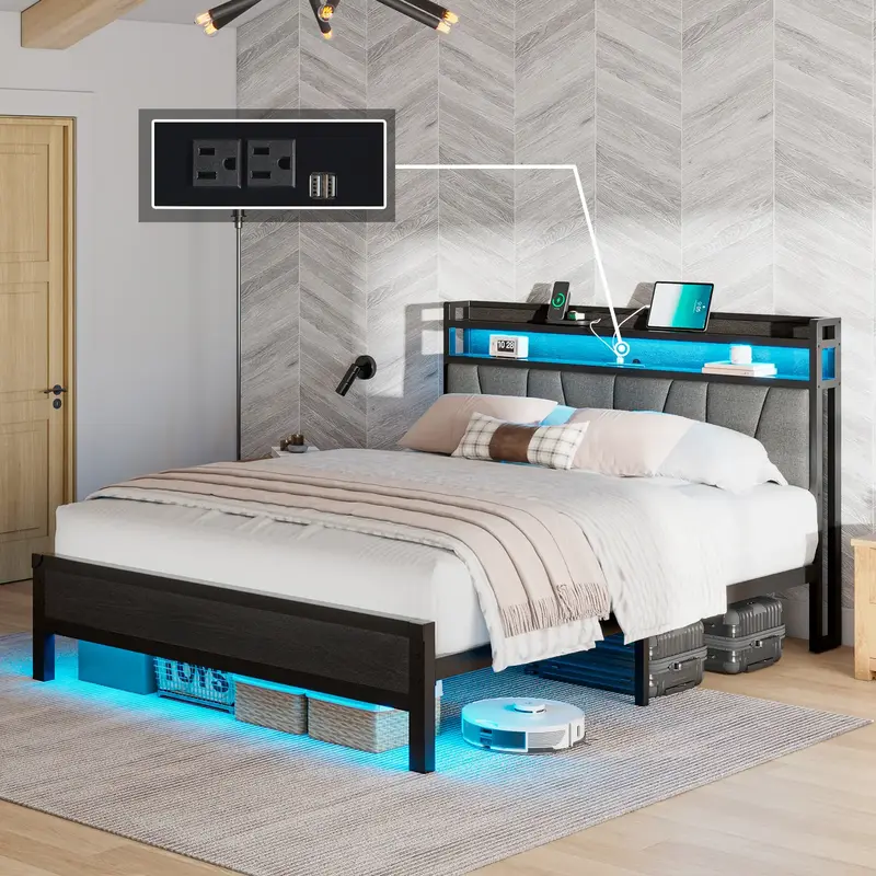 [TikTokShopfalldealsforyou]AMERLIFE Bed Frame with RGBW LED Lights & Charging Station, Linen Upholstered Headboard with 2-Tie...