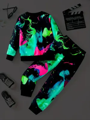 Two-Piece Set Boy's Glow In The Dark All Over Print Sweatshirt & Elastic Waist Sweatpants Set, Casual Round Neck Long Sleeve ...