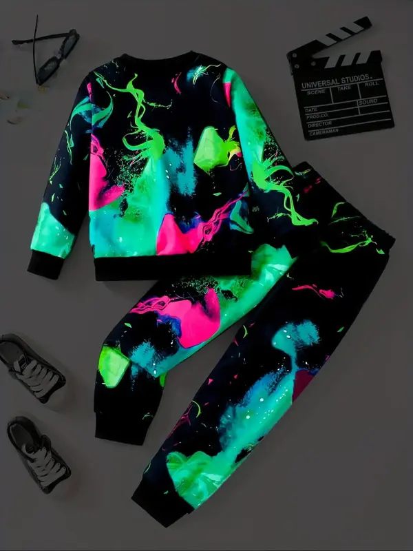 Two-Piece Set Boy's Glow In The Dark All Over Print Sweatshirt & Elastic Waist Sweatpants Set, Casual Round Neck Long Sleeve ...