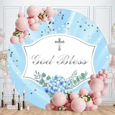 Aperturee Sliver God Bless Round Blue Baby Shower Backdrop