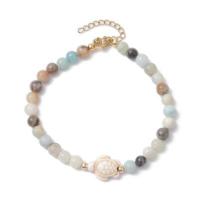 Natural Flower Amazonite &  Synthetic Turquoise Charm Anklets for Women
