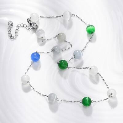 304 Stainless Steel Cat Eye Round Beads Handmade Chain Necklaces for Women