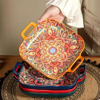 Boho Style Ceramic Salad Plate with Handle, 3 Counts/set Colorful Flower & Geometric Pattern Baking Plate, Baking Tray for Ov...