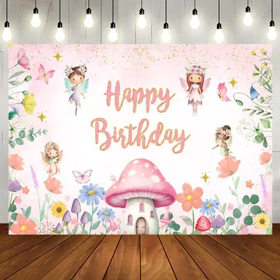 Pink Floral Mushroom Angel Happy Birthday Backdrop - Aperturee
