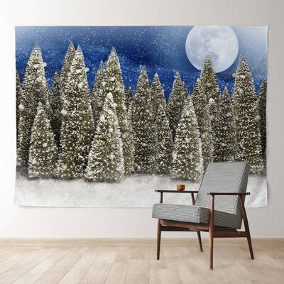 Aperturee Snowy Pinetree Moon Night Blue Christmas Backdrop