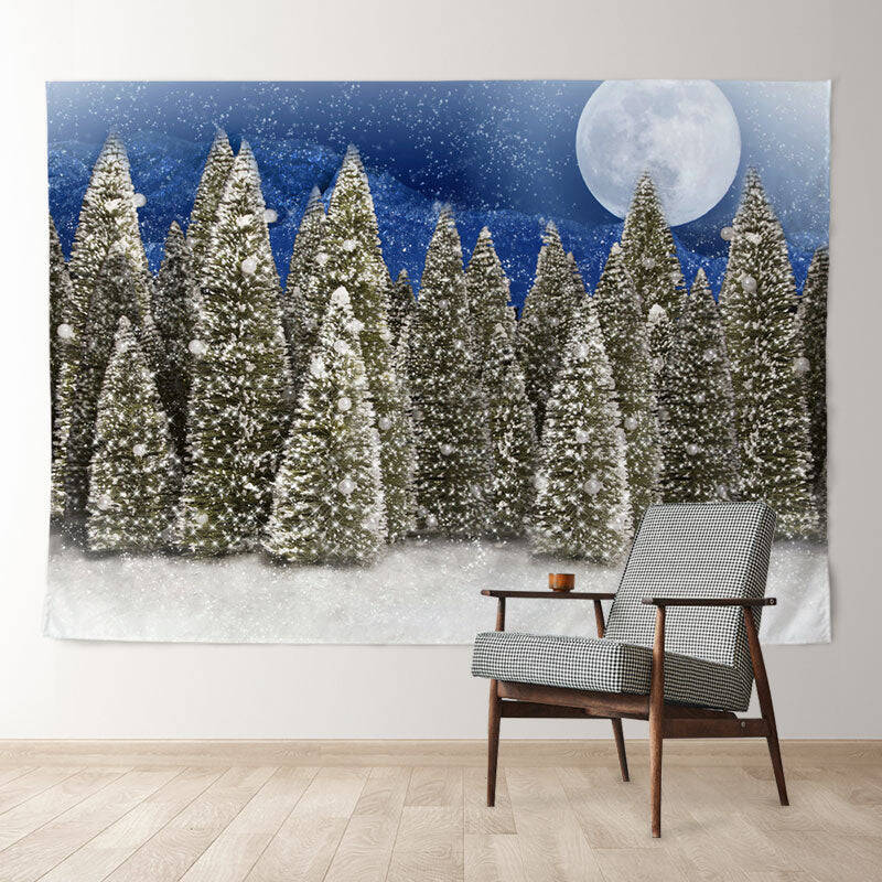 Aperturee Snowy Pinetree Moon Night Blue Christmas Backdrop
