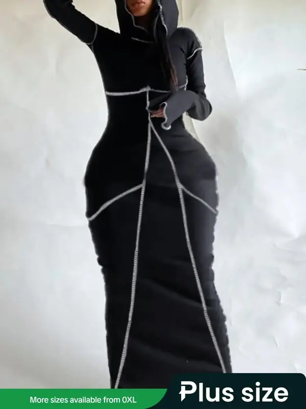 Lovelywholesale Plus Size Top-stitching Hooded Dress, Fashion Drop Shoulder Long Sleeve Bodycon Dress, Women's Clothing, Fall...