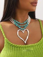 Women's Boho Style Faux Pearl Decor Heart Design Layered Necklace, Statement Necklace, Fashion Punk Turquoise Texture Decor N...