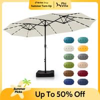 PHI VILLA 15 ft Extra Large Patio Umbrella with 36 LED Lights, Metal Construction, Includes Base, Heavy Duty for Pool Garden ...