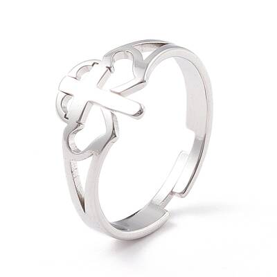 Non-Tarnish Double Heart with Cross 304 Stainless Steel Adjustable Ring for Women