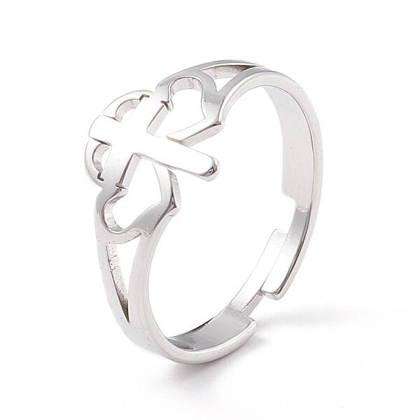 Non-Tarnish Double Heart with Cross 304 Stainless Steel Adjustable Ring for Women