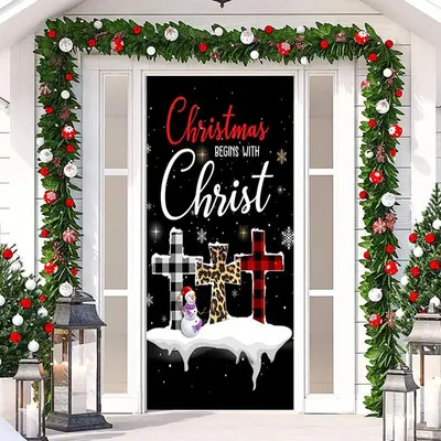 Black Snowy Cross Snowflake Christmas Door Cover - Aperturee