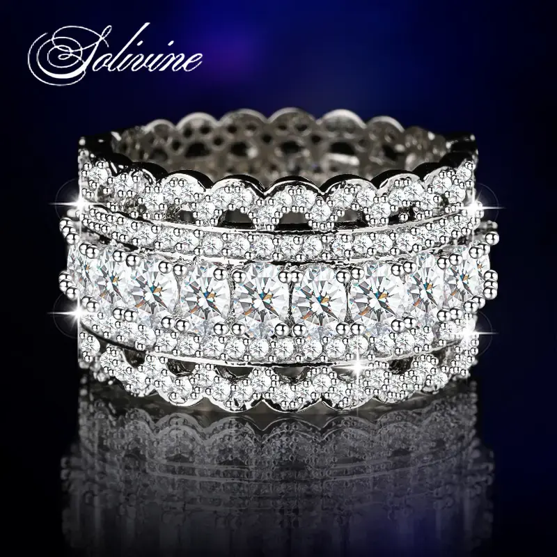 [Sizes small. Buy up.]SOLIVINE 5CT Cocktail Statement Band  – 925 Silver Ring , Sparkling 5A CZ Cluster Setting, Scalloped ...