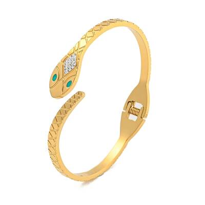 Snake 304 Stainless Steel Rhinestone Open Cuff Bangles for Women
