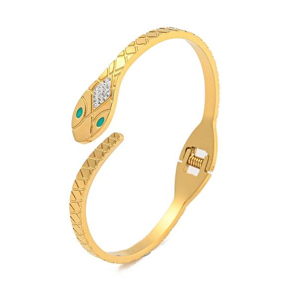 Snake 304 Stainless Steel Rhinestone Open Cuff Bangles for Women