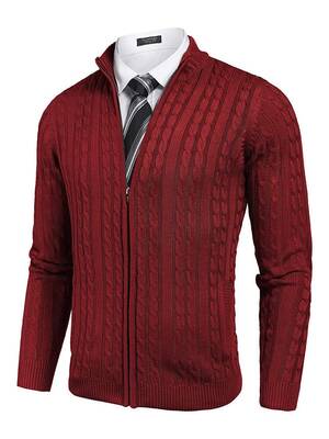 Cardigan Knitted Zip Up Sweater with Pockets (US Only), Wine Red / S