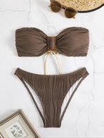 Two-Piece Set Women's Solid Textured Lace Up Tie Back Ruched Swim Bandeau Bra & High Cut Swim Panty Bikini Set, Ladies Sum...
