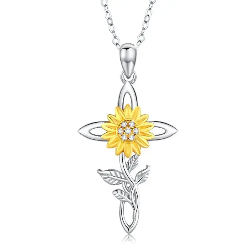Sterling Silver Two-tone Cubic Zirconia Sunflower & Cross Pendant Necklace