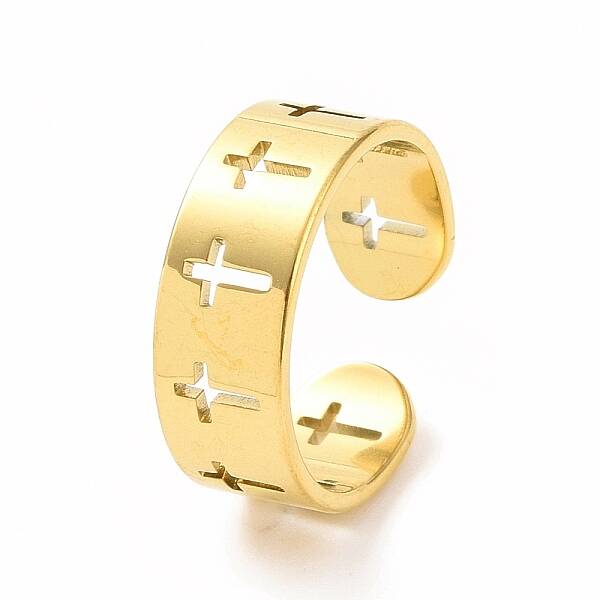 Ion Plating(IP) 304 Stainless Steel Hollow Out Cross Open Cuff Ring for Women