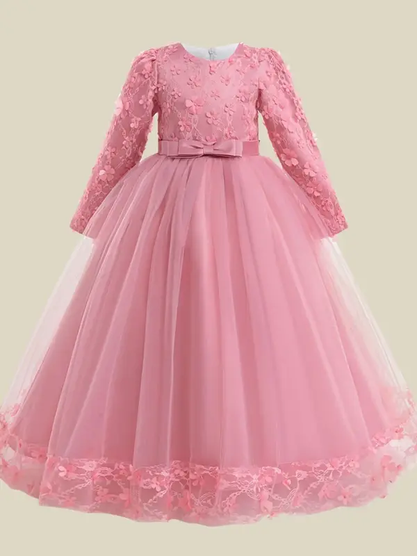 Girl's Butterfly Appliques Bow Decor Zipper Back Fit & Flare Dress, Elegant Long Sleeve Round Neck Tulle Dress for Party, Kid...