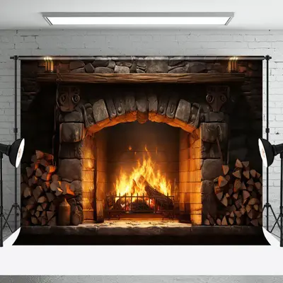 Aperturee Warm Brick Fireplace Wood Pile Photography Backdrop