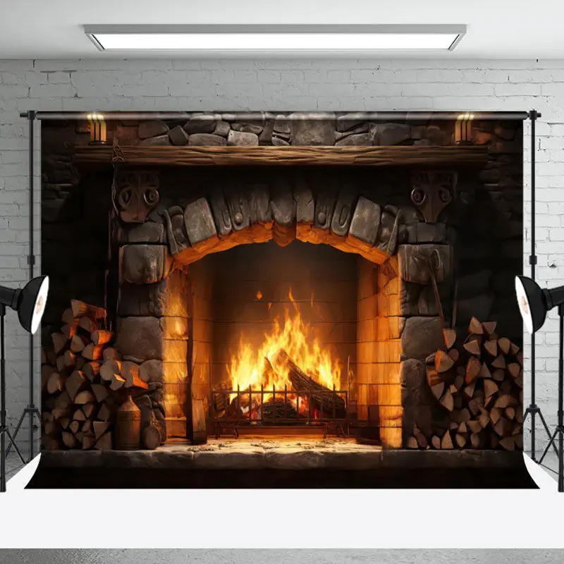 Aperturee Warm Brick Fireplace Wood Pile Photography Backdrop