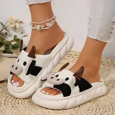 Fuzzy Cow Cotton Ease Slippers Winter Indoor Outdoor Slippers for Women Slip On Slippers Shoes