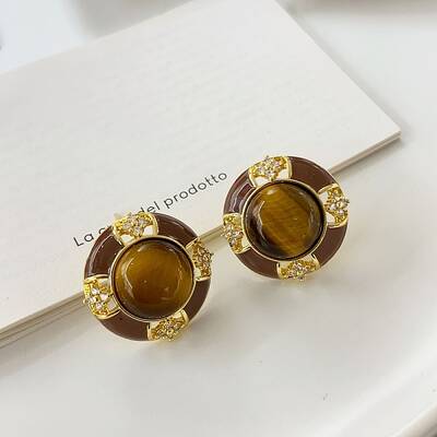 Flat Round Brass Tiger Eye Stud Earrings