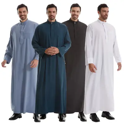 Men's Robe with Pocket Buttons, Loose Fit, Casual Elegant, Long Sleeved, Round Collar, Spring & Autumn Wear, Muslim Men's Clo...