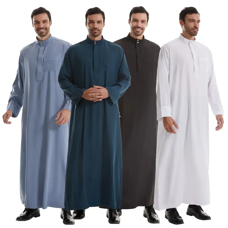 Men's Robe with Pocket Buttons, Loose Fit, Casual Elegant, Long Sleeved, Round Collar, Spring & Autumn Wear, Muslim Men's Clo...