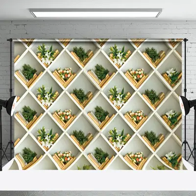 Wall Grid Green Plants Flowers Books Photo Backdrop - Aperturee