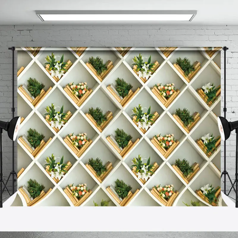 Wall Grid Green Plants Flowers Books Photo Backdrop - Aperturee