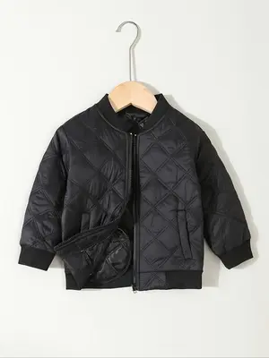 Boys' Solid Quilted Zip Up Bomber Jacket, Casual Long Sleeve Pocket Zipper Baseball Collar Outerwear for Fall & Winter, Kids ...