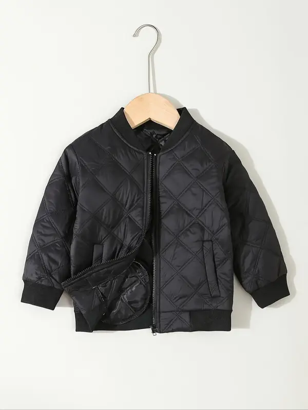 Boys' Solid Quilted Zip Up Bomber Jacket, Casual Long Sleeve Pocket Zipper Baseball Collar Outerwear for Fall & Winter, Kids ...