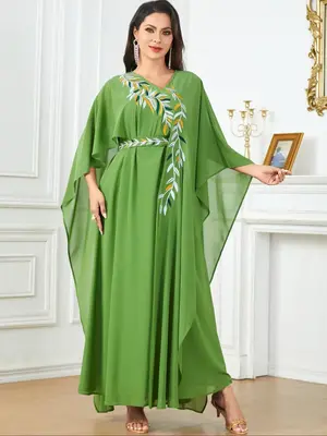 Women's Leaf Embroidering Asymmetrical Cloak Sleeve Cape Dress, Elegant V Neck Long Arabian Dress, Women's Islamic Clothing f...