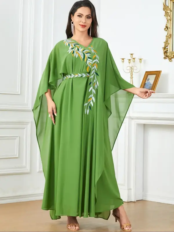 Women's Leaf Embroidering Asymmetrical Cloak Sleeve Cape Dress, Elegant V Neck Long Arabian Dress, Women's Islamic Clothing f...