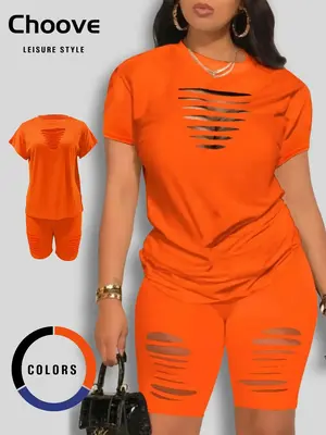 Two-Piece Set Women's Plain Ripped Tee & Shorts Set, Casual Trendy Round Neck Cap Sleeve T-shirt & Skinny Shorts, Summer Clo...