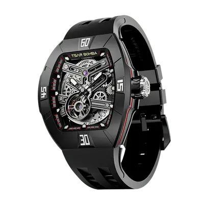 TSAR BOMBA Men's Automatic Skeleton Watch | Interchangeable Luxury Design | Dynamic Black | Atomic TB8218 | Fluororubber