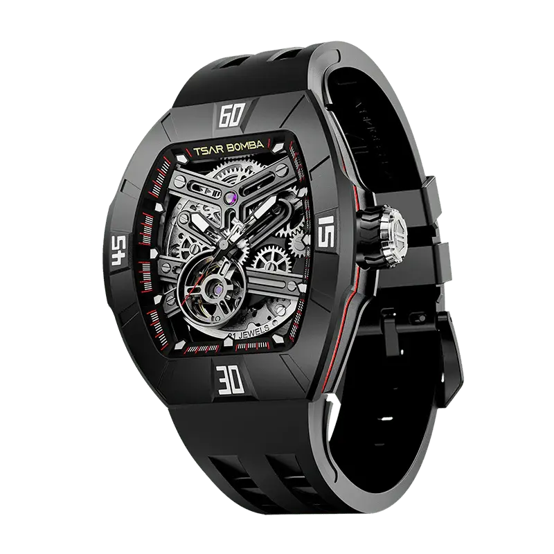 TSAR BOMBA Men's Automatic Skeleton Watch | Interchangeable Luxury Design | Dynamic Black | Atomic TB8218 | Fluororubber