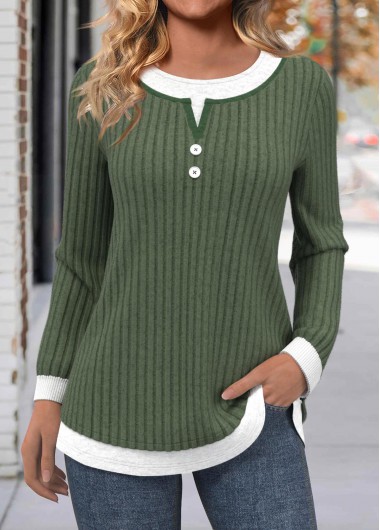 Modlily Olive Green Button Long Sleeve Round Neck T Shirt - XXL