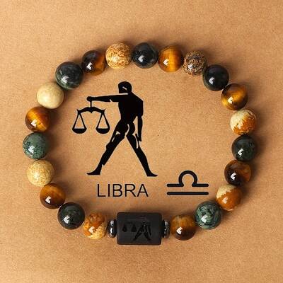 12 Constellations Natural Tiger Eye & Picture Jasper Round Beaded Stretch Bracelets for Men Women