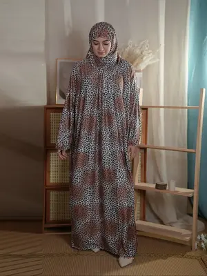 Women's Leopard Print Long Sleeve Dress with Hijab, Modest Casual Long Dress for Daily Wear, Ladies Islamic Clothing for All ...